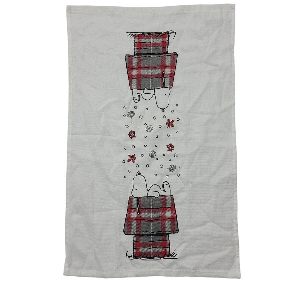 Peanuts Snoopy & Snowflakes Christmas Kitchen Towel White Plaid NWOT
